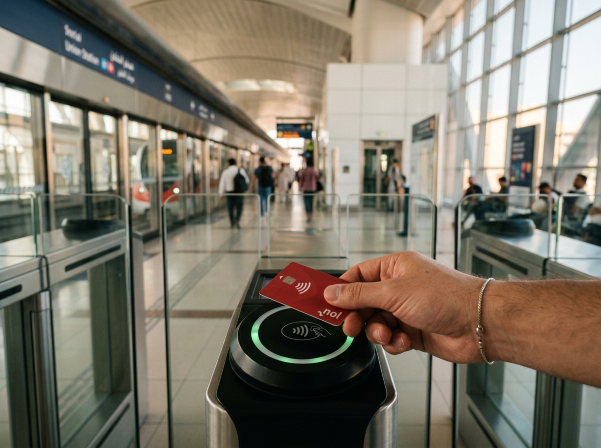 A hand tapping a Nol card on the reader of a Dubai Metro gate